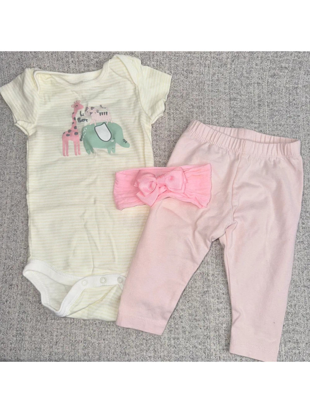 3pc Gerber Baby Girl Safari Animal Bodysuit Leggings Bow Headband 3-6 Months